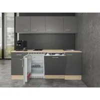 Flex-Well Exclusiv Büroküche Morena 210 cm in Basaltgrau - Single-Küche mit modernem Design und praktischen Elektrogeräten. Ideal für Büros und Wohngemeinschaften, bietet viel Stauraum und Flexibilität bei der Montage.