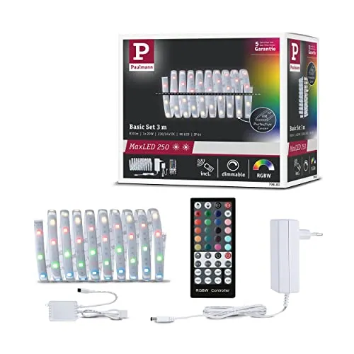 Paulmann MaxLED 250 Basis Set 3m RGBW mit Protect Cover - Lichtschläuche & -ketten, 3m LED Stripe mit RGBW-Funktion und IP44 Schutz für vielseitige Innenanwendungen, dimmbar und mit praktischer Fernbedienung.
