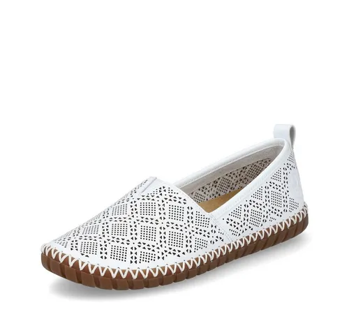 Rieker Damen Slipper M2851 - Weiß, Größe 39 EU - Halbschuhe mit perforiertem Obermaterial aus weichem Leder, Gummizug für einfaches An- und Ausziehen, ideal für den Sommer dank luftiger Lochmusterung und rutschfester Sohle.
