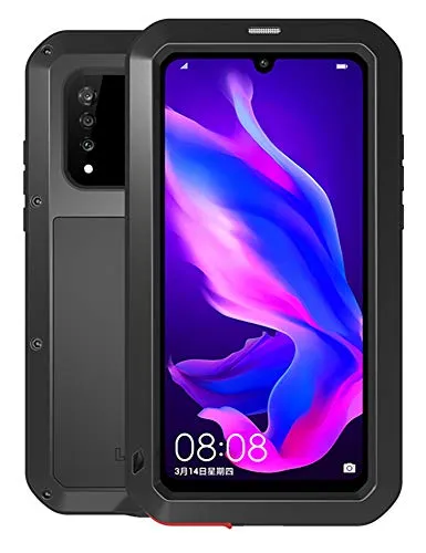 FONREST Ganzkörper Hülle für Huawei P30 Lite, Love MEI 6,15-Zoll Schwerlast Hybride Aluminium Metall Stoßfest Schneesicher Staubdicht Case mit Hartglas, Unterstützt Wireless Charging (Schwarz)