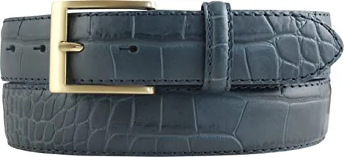 BELTINGER Gürtel mit Krokoprägung 3,5 cm | Leder-Gürtel für Herren 35mm Kroko-Optik | Kroko-Muster Schnalle Gold | Jeansblau 125cm