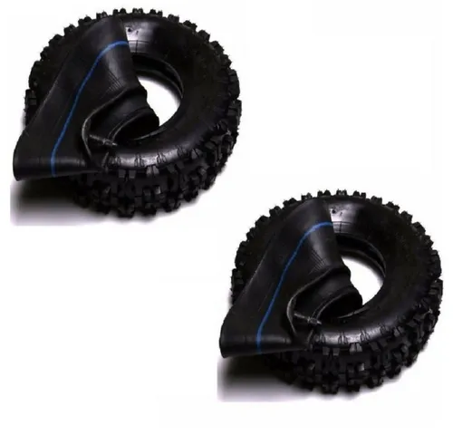 2er Set 4.10-4 Stollenreifen schwarz - Hochwertige 4.10-4 Stollenreifen für Kinderquads und Bollerwagen. Mit exzellentem Grip auf verschiedenen Untergründen und einer Tragfähigkeit von bis zu 80 kg pro Reifen. Ideal für vielseitige Einsätze, inklusive passendem Schlauch für einfache Montage.