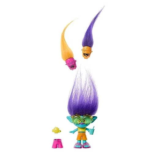 Mattel DREAMWORKS TROLLS Gemeinsam Stark – Haarige Überraschungen Branch Puppe mit leuchtendem, plüschigem Haar und 3 Überraschungszubehörteilen, abnehmbare Kleidung, für Kinder ab 3 Jahren, HNF12