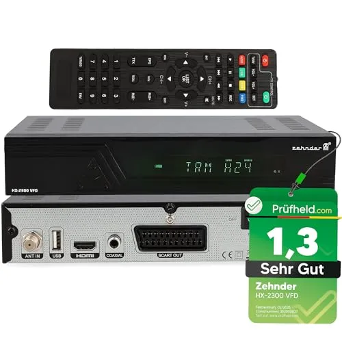 Zehnder HX-2300-VFD Sat Receiver - TV-Receiver mit Aufnahmefunktion und 1080p HD-Qualität, ideal für Film- und Serienliebhaber, unterstützt Dolby Digital Surround und bietet eine lernbare Fernbedienung.