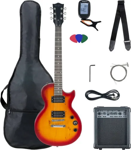 McGrey Rockit E-Gitarre Single Cut-Komplettset Orange Burst - Gitarren Komplettset mit 8 Teilen, inklusive kraftvollem Verstärker, Stimmgerät und Gitarrentasche. Ideal für Einsteiger und Hobby-Musiker, die sofort loslegen möchten.