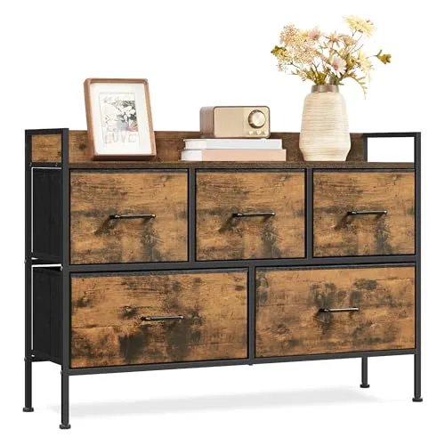 SONGMICS Kommode, Schrank, 5 Stoffschubladen mit Griffen, Metallgestell, Industrie-Design, vintagebraun-tintenschwarz LTS135B01
