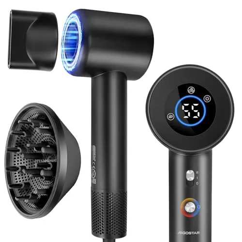 Aigostar Haartrockner 400 Millionen Negativ Ionen Föhn mit Diffusor, HD Display Schnelles Trocknen Ohne Hitzeschäden Reisefön, 110.000 U/min Salon Fön, 57dB Leise BLDC Motor, 390g Leicht Schwarz