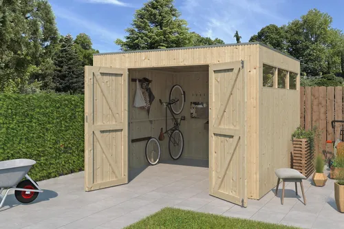 Gartenhaus Modell QBV3-Line 8,88 m² - Modernes Gartenhaus mit 26 mm starken Wänden aus nordischer Fichte. Wetterfestes Dach und große Doppeltür sorgen für eine ansprechende Optik und optimalen Schutz. Ideal für Gartenliebhaber, die Wert auf Qualität legen.