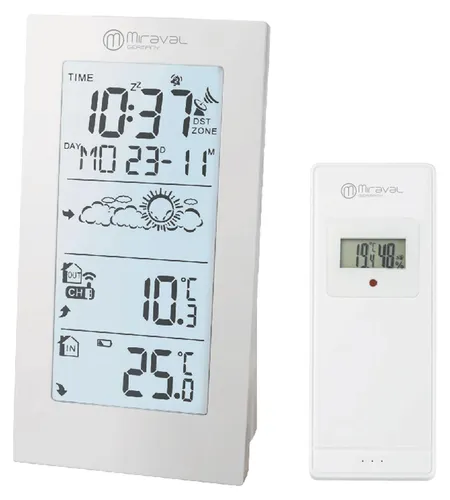 Miraval Funk-Wetterstation Basic – DCF77, Außensensor 100 m, Temperaturanzeige, Wettervorhersage, 2 Alarme, Displaybeleuchtung Weiß