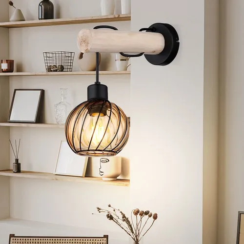 Wandleuchte Holzlampe mit Amber Glasschirm - Elegante Wandleuchte aus Holz und Glas für stilvolle Wohnzimmer, mit E27 Fassung für individuelle Lichtgestaltung und dekorativem Amber Glasschirm.
