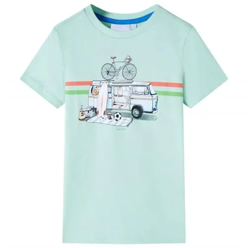 Kinder T-Shirt mit Bus-Aufdruck Kurzarm Shirt Kindershirt Helles Minzgrün 128