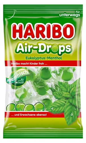 Haribo Air-Drops Eukalyptus-Menthol 100g - Fruchtgummis & Marshmallows mit erfrischendem Eukalyptus-Menthol Geschmack, ohne künstliche Farbstoffe – ideal für alle Gelegenheiten.