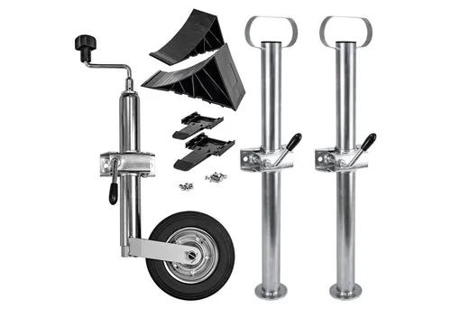 Trucky Anhänger-Stützrad Set mit Stützrad, 2 Anhängerstützen und 2 Unterlegkeilen - Vollständiges Set für Anhänger mit höhenverstellbarem Stützrad, stabilen Anhängerstützen und rutschfesten Unterlegkeilen. Ideal für sicheren Stand und einfaches An- und Abkuppeln – perfekt für PKW-Anhänger, Bootsanhänger und Wohnwagen.
