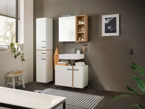 Badezimmer Badmöbel MESSINA Set 2 in Weiß matt mit Eiche - Stilvolles Badezimmermöbelset mit eleganten Stangengriffen und Softclose-Funktion. Der Spiegelschrank mit integrierter Beleuchtung sorgt für zusätzliches Licht und schafft praktischen Stauraum.