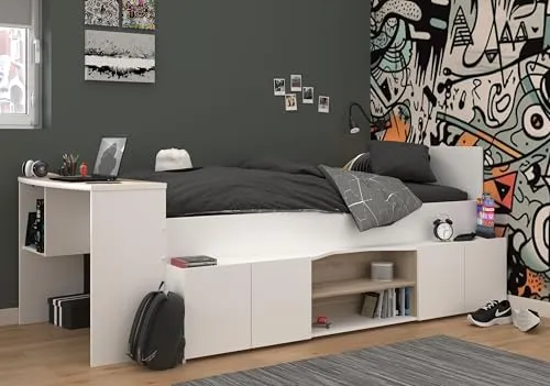 Parisot Hochbett Cleo mit beidseitig anbaubarem Schreibtisch - Halbhohes Hochbett mit viel Stauraum, ideal für Jungen und Mädchen. Integrierter Schreibtisch kann flexibel angebaut werden, perfekt für ein aufgeräumtes Kinderzimmer.