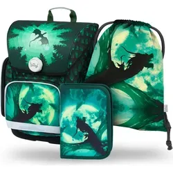 Baagl Schulranzen Jungen Set 3 Teilig, Ergonomische Schultasche mit Drache