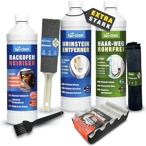bio-chem Power Reiniger Set 6-teilig - 1x Haar-Weg Abflussfrei, 1x Urinsteinentferner, 1x Backofenreiniger + Pinsel, Bimsstein, Schwamm & Tuch - Starker Abflussreiniger, Toilettenreiniger & Fettlöser
