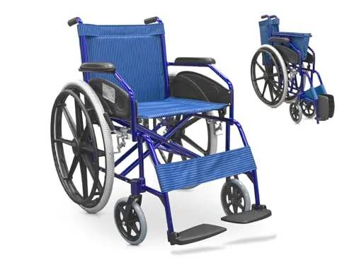 QUIRUMED Klapprollstuhl, Modell Easy Ultralight, Aluminiumstruktur, leicht, kompakt, Blaue Farbe, manuelle Bremse, für ältere Menschen, für Behinderte