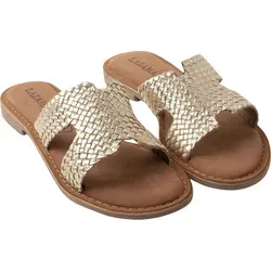 Lazamani Flor Damen Leder-Pantoletten Gold Größe 41 - Elegante Pantoletten aus handgeflochtenem Leder mit atmungsaktivem Wildleder-Fußbett und flexibler Gummisohle. Ideal für stilvolle Sommerlooks und perfekten Komfort.
