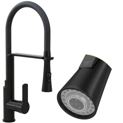 Granitan VEGAS Mischbatterie Küche - Küchenarmaturen aus Messig mit Brause Schwenkbarer - Ausziehbar ⌀35mm - Wasserhahn mit Schlauch mit Zwei Sprühfunktionen - Schwarz