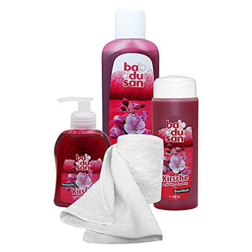badusan Wohlfühlset Kirsche 4-teilig Duschbad, Schaumbad, Flüssigseife Geschenkset mit Handtuch, Baden mit Badusan Pflegeset Beautyset Beautypaket