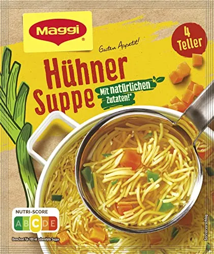 Maggi Guten Appetit Hühner Suppe 60g - Tütensuppe mit kräftiger Brühe, vielen Nudeln und feinem Gemüse. Ergibt 4 Teller leckere Suppe, schnell zubereitet mit nur 1L kochendem Wasser.