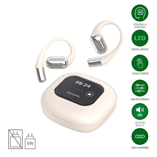 4Smarts Open-Ear Bluetooth Kopfhörer SkyBuds AI Screen - Kopfhörer mit KI-Assistent für multilinguale Kommunikation in 163 Sprachen, Open-Ear Design für Sicherheit und erstklassigen Sound, bis zu 28 Stunden Gesamtspielzeit und innovative Ladeschale mit Touch-Display.
