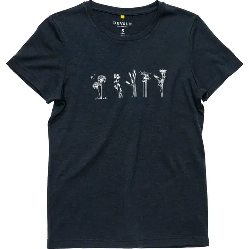 Devold Classic Flowers Damen T-Shirt - Dunkel Blau - Größe S - Modisches Damen T-Shirt aus Bio-Baumwolle, ideal für Freizeit und Alltag, mit floralem Design für einen frischen Look.
