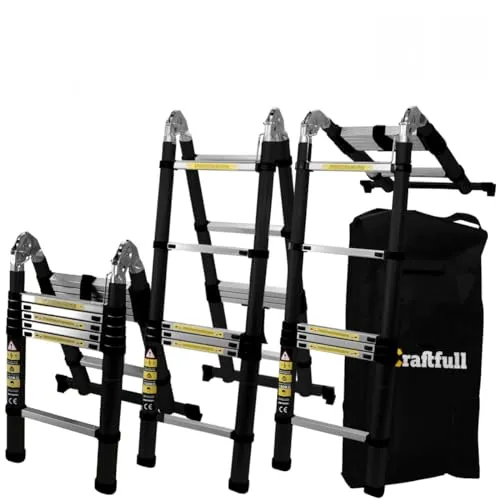 𝐂𝐑𝐀𝐅𝐓𝐅𝐔𝐋𝐋 Teleskopleiter CF-102A - 5.6m - Teleskopleiter aus eloxiertem Aluminium, robust und bis 150 kg belastbar. Ideal für Malerarbeiten und Dachrinnenreinigung, kompakt zusammenfaltbar und mit Tragetasche für einfachen Transport.