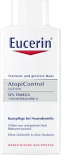 Eucerin AtopiControl Neurodermitis Lotion 250 ml - Tagespflege für trockene, gereizte Haut, parfümfrei und ideal für Babys ab 4 Wochen. Spendet intensive Feuchtigkeit mit Ceramiden und Omega Ölen.