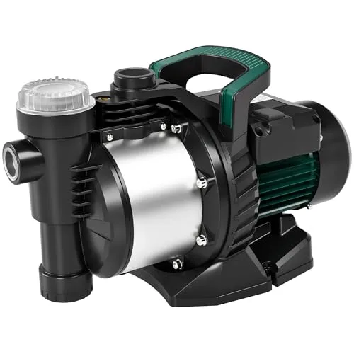 LANCHEZ Gartenpumpe 5000 l/h Fördermenge, 1300 W, 50 m Förderhöhe | Ansaughöhe bis zu 7 m, Mit Filter, Wasseranschluss und Ablass, Wasserpumpe für Regenfässer, Zisternen, Gartenteiche