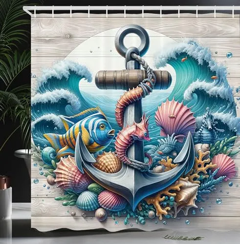 ABAKUHAUS Nautisch Duschvorhang, Unterwasser Szene mit Wellen Korallen Fischen und Muscheln um einen Anker herum, Stoffliches Gewebe mit Haken, 175 x 200 cm, Türkis Pink Kokosnuss