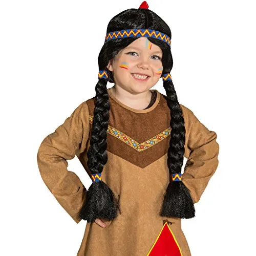 NET TOYS Indianerperücke Kinder Indianer Perücke Apache Kinderperücke Pocahontas Zopfperücke Schwarze Langhaarperücke Squaw Faschingsperücke Mädchen Karneval Kostüme