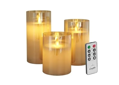 LC Home Candela Lights LED Kerzen Set Echtwachs inkl. Glas mit Fernbedienung Timer Funktion & mehrstufig dimmbar bewegliche Flamme Echtwachskerzen (Gold)