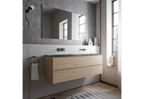 Bernstein Waschbeckenunterschrank AVA Eiche honiggold 140cm mit Doppelwaschbecken - Moderner Waschtischunterschrank AVA 140 cm mit elegantem Mineralguss-Doppelwaschbecken. Ideal für Familien, bietet er viel Stauraum und Soft-Close-Schubladen für eine leise Handhabung.