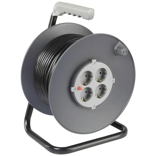 Sygonix SY-5655928 Kabeltrommel 50m Schwarz mit Schutzkontakt-Stecker - Kabeltrommel für sicheren Stromzugang über 50 Meter, ideal für Renovierungsarbeiten und größere Gebäude mit 4 Schutzkontakt-Steckdosen und erhöhtem Berührungsschutz.