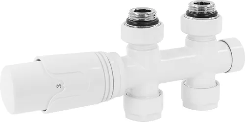 ECD Germany Ventil-Armaturen Set Multiblock Weiß - Heizkörper Anschlussgarnitur mit Thermostatkopf, einfach zu montieren und ideal für Zweirohr-Zentralheizungen mit 50mm Mittelanschluss.