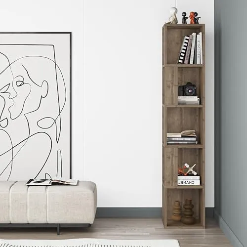 Hocuspicus Bücherregal mit 5 Etagen, Eckregal, 161 x 31,4 x 31,4 cm, Wohnzimmermöbel, einfache Montage, Bücheraufbewahrung, Ausstellungseinheit (dunkle Eiche)