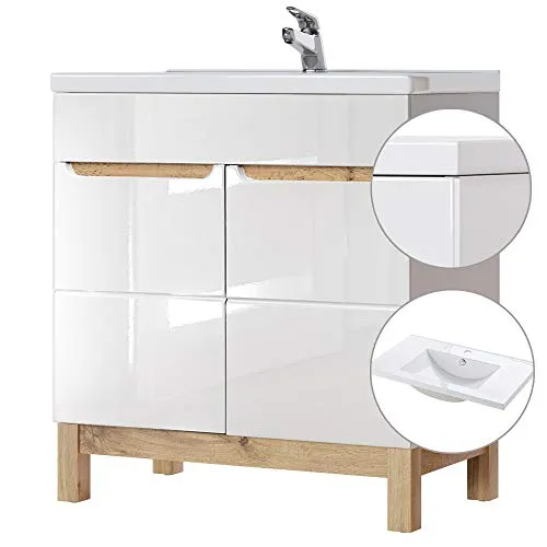 Lomadox Badezimmer Waschtisch Set mit 81cm Keramik-Waschbecken - Waschplatz mit Hochglanz weißem Unterschrank & Wotaneiche, bietet großzügigen Stauraum und hochwertige Verarbeitung, ideal für moderne Badezimmer.