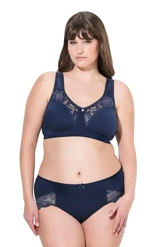 Ulla Popken Damen Plus Size Entlastungs-BH ohne Bügel, Nachtblau 110E - Eleganter Entlastungs-BH in Nachtblau mit feiner Spitze und Satinschleife. Ideal für große Größen, bietet er hohen Tragekomfort und optimale Unterstützung durch extrabreite, gepolsterte Träger.