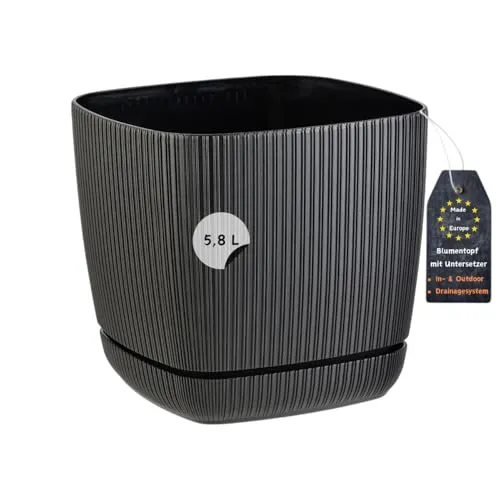 Engelland - 1 x Blumentopf mit Drainagesystem, Untersetzer, Farbe: Schwarz, Rillenoptik, Pflanz-Topf, Kübel, modern, Kunststoff, quadratisch, 21 x 21 cm, 5,8 Liter