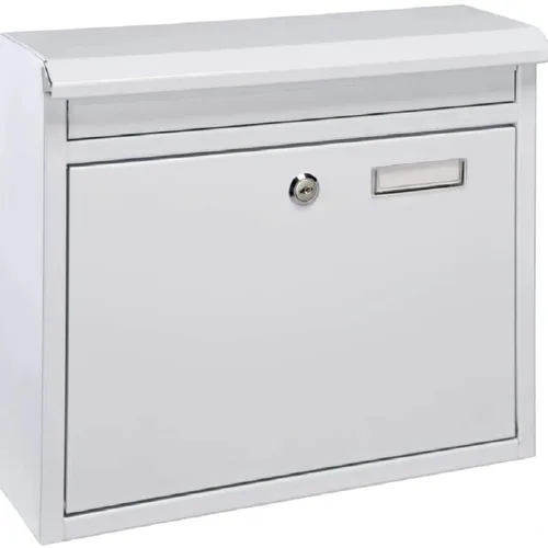 Haushalt International Metall Briefkasten Weiss 60602 - Wandbriefkasten aus pulverbeschichtetem Eisen, mit großer Einwurföffnung und Schutzklappe, inkl. 2 Schlüssel und Namensschild, ideal für DIN A4 Umschläge.
