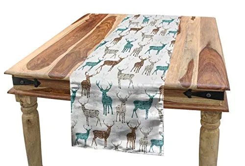 ABAKUHAUS Hirsch Tischläufer, Alt Text Tiere Weihnachten, Esszimmer Küche Rechteckiger Dekorativer Tischläufer, 40 x 225 cm, Türkis Beige Braun