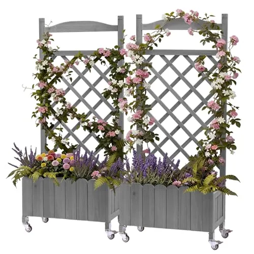 COMHOMA Blumenkasten mit Rankgitter und Rollen – wetterbeständig - Praktischer Blumenkasten mit integriertem Rankgitter, ideal für Kletterpflanzen auf Balkon oder Terrasse. Robuste Holzstruktur mit Drainagelöchern sorgt für optimale Luftzirkulation. Mit Rollen für einfache Mobilität und sichere Positionierung.