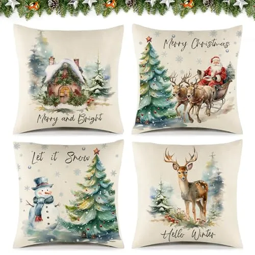 VeIef 4 Stück Kissenbezug 40x40 cm Weihnachten, Leinen Dekokissen Kissenbezug Weihnachten, Weihnachts Kissenbezüge mit Motiven von Elch Schneemann Weihnachtsmann Holzhäusern (40x40)