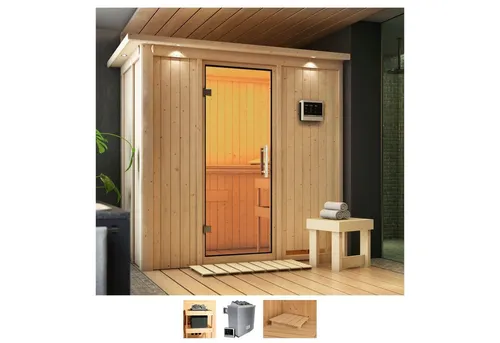 Karibu Sauna Vada 210x132x202 cm, 68 mm, 9 KW Ofen mit externer Steuerung - Genießen Sie Ihre persönliche Sauna mit dem Karibu Vada. Die hochwertige Verarbeitung und die kompakte Größe bieten Ihnen den perfekten Rückzugsort für entspannende Momente.
