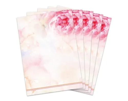 Briefbögen DIN A4, beidseitig per Hand beschriftbar und mit allen Druckern und Kopierern bedruckbar für Einladungen Briefpost Firmenpost Urkunden Zertifikate, Pfingstrose, pastellfarben, Aquarell 25