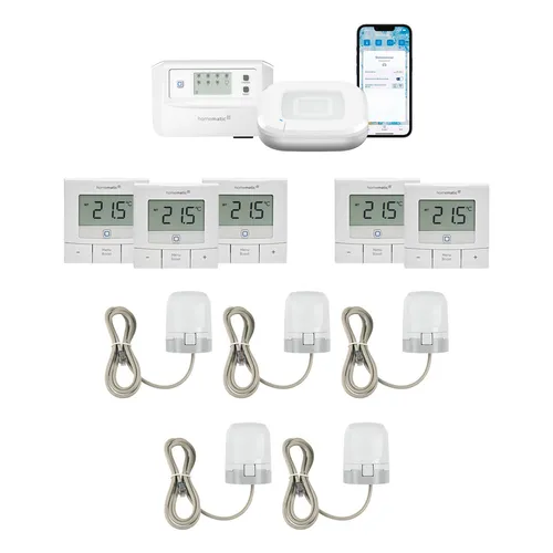 Homematic IP Starter Bundle Fußbodenheizung für 5 Räume – Smart-Home-Lösung - Innovatives Smart-Home-Bundle für komfortable Fußbodenheizung in 5 Räumen. Einfache Installation über die Homematic IP App und präzise Steuerung der Raumtemperatur.