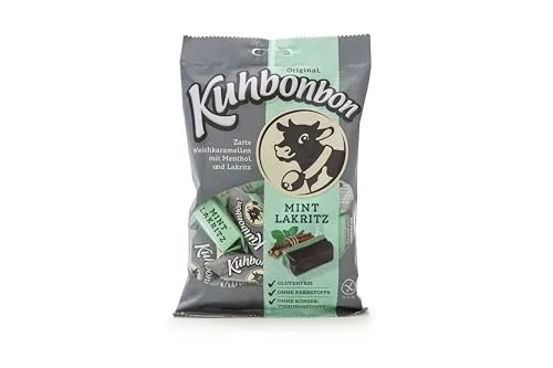 Kuhbonbon Mint-Lakritz 200g – weiche Karamellbonbons aus süßem Karamell, zartschmelzende Toffee-Bonbons aus guter Butter, Milch, Menthol und Lakritz, glutenfrei, 200 gr
