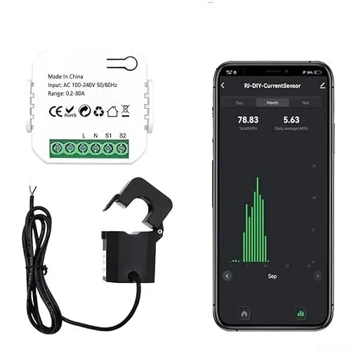 für Tuya für Smart Life WiFi Energiezähler 80 A mit Klemme CT, Echtzeit-Statistik für Haushaltsgeräte, 1 Stück